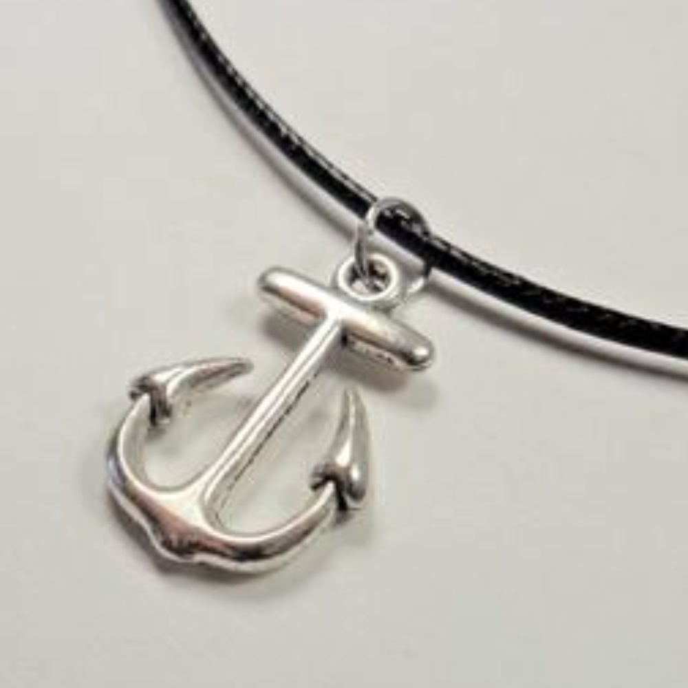 NAUTICAL BOAT ANCHOR BLACK LEATHER NECKLACE